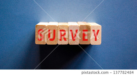 Survey word symbol. Concept word Survey on beautiful wooden blocks. Beautiful blue background. Business psychological medical survey word concept. Copy space. 137782484