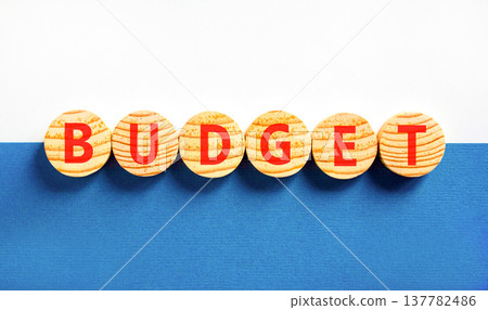 Budget symbol. Concept word Budget on beautiful wooden circles. Beautiful blue and white background. Business budget concept. Copy space. Budget symbol. Concept word Budget on beautiful wooden circles. Beautiful blue and white background. Business budget concept. Copy space. 137782486