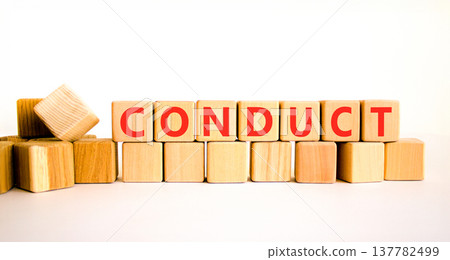 Conduct symbol. Concept word Conduct on beautiful wooden blocks. Beautiful white background. Business conduct concept. Copy space. 137782499