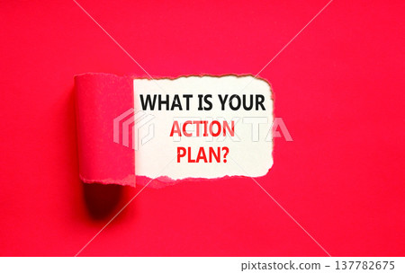 What is your action plan symbol. Concept words What is your action plan on beautiful white paper. Beautiful red paper background. Business what is your action plan concept. Copy space. 137782675