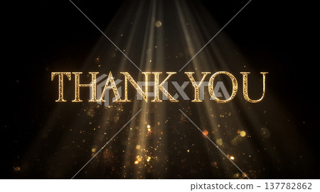 Sparkling golden text displays thank you with bright light and shimmering effects in a dark space Sparkling golden text displays thank you with bright light and shimmering effects in a dark space 137782862