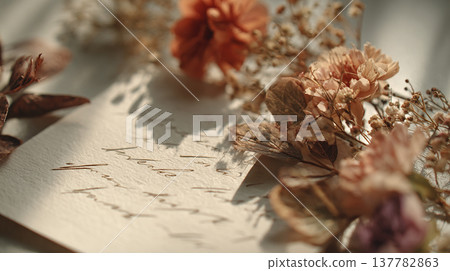 Handwritten letter with dried flowers arranged on a light surface in a soft natural setting during the day Handwritten letter with dried flowers arranged on a light surface in a soft natural setting during the day 137782863