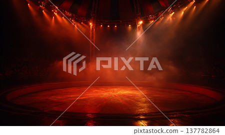 Bright lights and smoke fill the circus arena before the performance starts in the evening Bright lights and smoke fill the circus arena before the performance starts in the evening 137782864