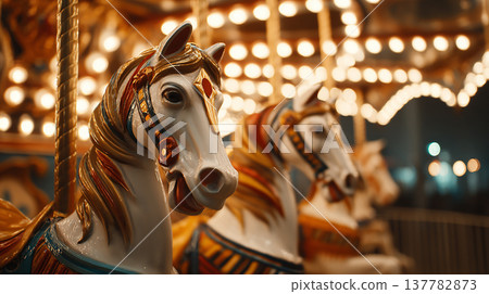 Colorful carousel horses wait for riders at a fairground during the night with bright lights all around Colorful carousel horses wait for riders at a fairground during the night with bright lights all around 137782873