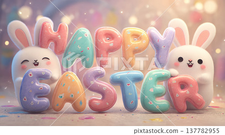 Bunny characters celebrate Easter with colorful letters in a festive setting during springtime Bunny characters celebrate Easter with colorful letters in a festive setting during springtime 137782955