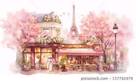 Caf near the Eiffel Tower with cherry blossom trees in springtime 137782979