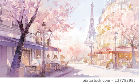 Cherry blossom streets in Paris with Eiffel Tower on a sunny day in springtime 137782985