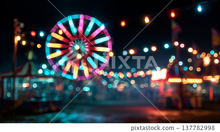 Colorful lights shine at a carnival with a ferris wheel and tents during the night time gathering for fun and entertainment Colorful lights shine at a carnival with a ferris wheel and tents during the night time gathering for fun and entertainment 137782998