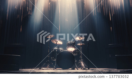 Drum set stands alone on stage with warm lights shining down during a music performance in a concert venue Drum set stands alone on stage with warm lights shining down during a music performance in a concert venue 137783032