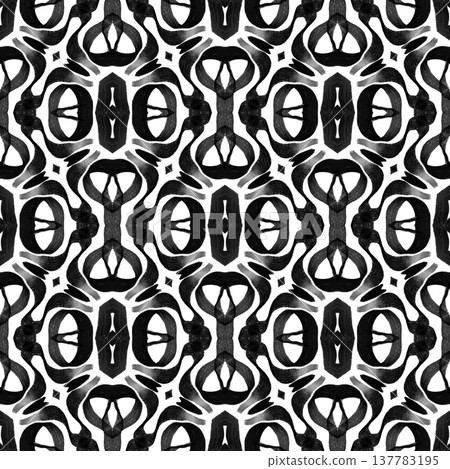 Black and White Abstract Brushstroke Seamless Pattern with Bold Symmetrical Ink Motifs 137783195