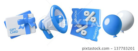 3d Shopping icons collection including blue gift card discount coupons megaphone paper bag gift box and balloons 3d Shopping icons collection including blue gift card discount coupons megaphone paper bag gift box and balloons 137783201