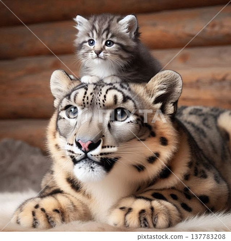 一隻小貓趴在雪豹的頭上，找到了安寧。 137783208