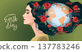 Mother Earth day illustration. Woman with Earth globe in green hair, plants and flowers. 137783246