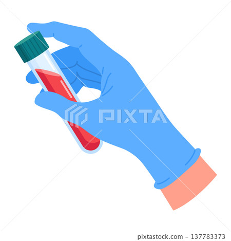 Hand of lab worker wearing medical glove holding blood sample in test tube. Laboratory analysis. Diagnostic examination. Glass flask in doctor arm palm. Bloody 137783373