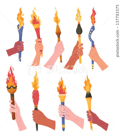 Hand holding a torch. Sport symbol, flat vector illustration design. Torch, Flame. Vector set, isolated burning torches flames in hands 137783375