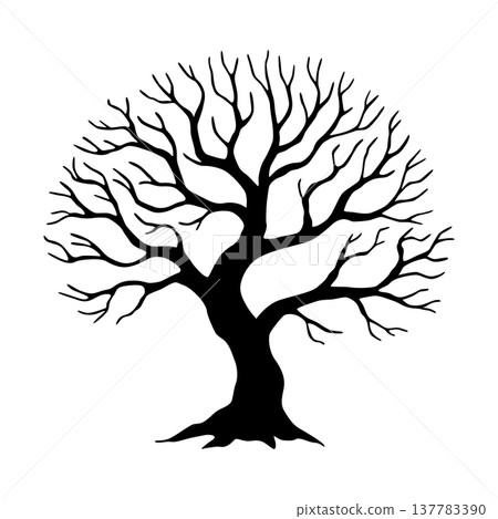Emotionally stark tree silhouette against pristine empty background. Minimalist depiction of leafless tree illustrating solitude and enduring strength through skeletal branches 137783390