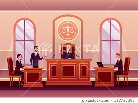Court judgment, law justice concept vector illustration. Cartoon advocate lawyer or prosecutor character giving speech in front of judge, jury in courtroom, criminal defense public process background. Court judgment, law justice concept vector illustration. Cartoon advocate lawyer or prosecutor character giving speech in front of judge, jury in courtroom, criminal defense public process background. 137783393