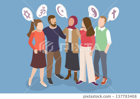 3D Isometric Flat Vector Illustration of Diverse Religious Community, Interfaith Hugs Foster Unity And Harmony, Bridging Religious Divides And Disagreements. 137783408