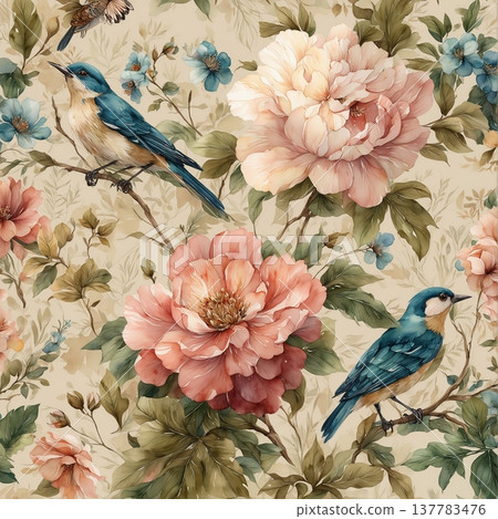 watercolor painting of leaf and flowers pattern 137783476