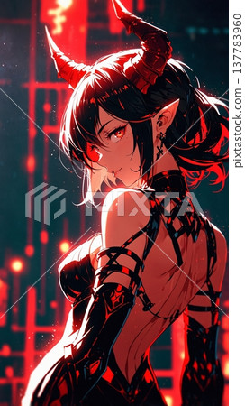 A succubus with red horns, illuminated by flames, smiles with an alluring beauty. 137783960