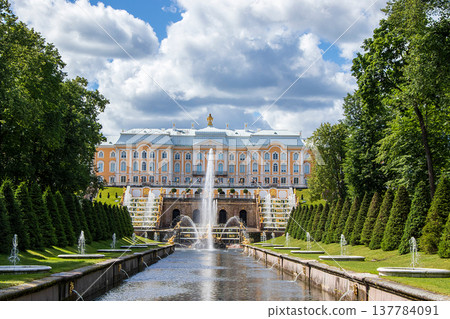 Russia, St. Petersburg, Peterhof, July 9, 2020. The fountain of the Grand Cascade in the Upper Park of the State Museum-Reserve "Peterhof" Russia, St. Petersburg, Peterhof, July 9, 2020. The fountain of the Grand Cascade in the Upper Park of the State Museum-Reserve "Peterhof" 137784091