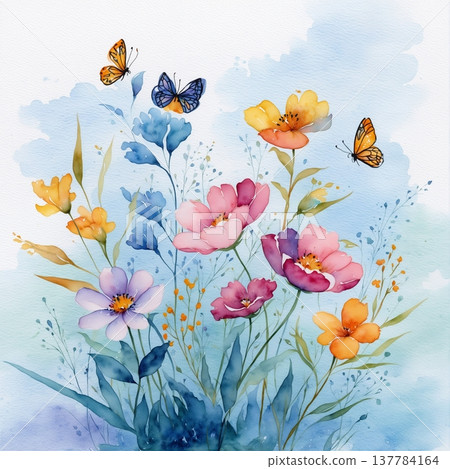 watercolor painting of leaf and flowers pattern watercolor painting of leaf and flowers pattern 137784164