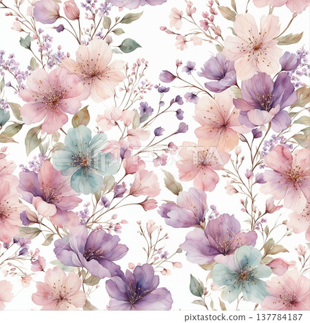 watercolor painting of leaf and flowers pattern 137784187