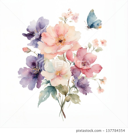 watercolor painting of leaf and flowers watercolor painting of leaf and flowers 137784354