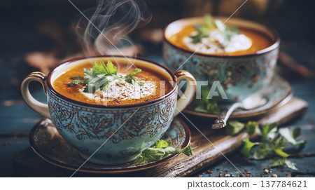 Warm and inviting vegan lentil soup in a ceramic bowl with herbs on a rustic table Generative AI 137784621