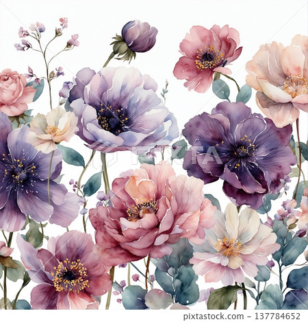 watercolor painting of leaf and flowers pattern 137784652