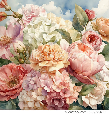 watercolor painting of leaf and flowers pattern watercolor painting of leaf and flowers pattern 137784706