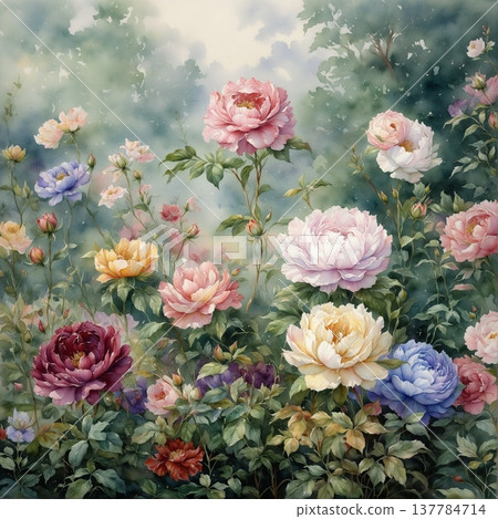 watercolor painting of leaf and flowers pattern watercolor painting of leaf and flowers pattern 137784714