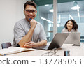 Engaged Professionals Exchanging Ideas In Vibrant Corporate Setting With Teamwork And Confidence 137785053