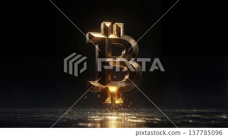 Bright spotlight illuminates textured gold Bitcoin medal against dark backdrop Bright spotlight illuminates textured gold Bitcoin medal against dark backdrop 137785096