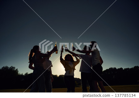 Black silhouettes. Dark photo of people cheering, celebrating, holding beer bottles Black silhouettes. Dark photo of people cheering, celebrating, holding beer bottles 137785134