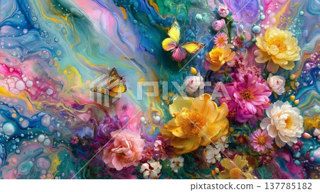 Bright artistic floral scene. Vivid floral painting with shimmering accents Bright artistic floral scene. Vivid floral painting with shimmering accents 137785182