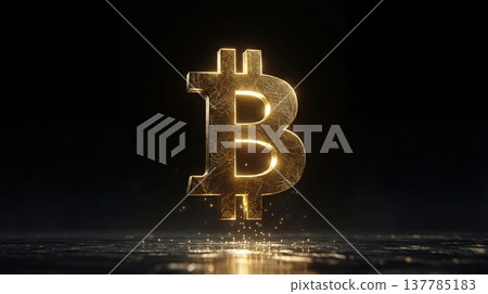 Bright bitcoin logo floats above glossy shadowed surface creating mysterious ambiance Bright bitcoin logo floats above glossy shadowed surface creating mysterious ambiance 137785183