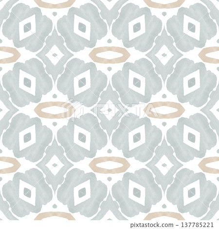 Soft Sage and Beige Watercolor Ikat Seamless Pattern with Symmetrical Ornamental Motifs Soft Sage and Beige Watercolor Ikat Seamless Pattern with Symmetrical Ornamental Motifs 137785221