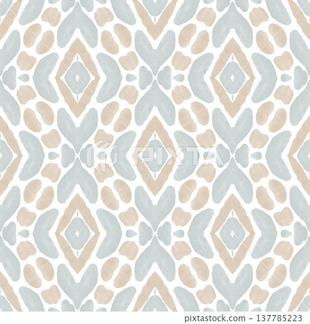 Soft Sage and Beige Watercolor Ikat Seamless Pattern with Symmetrical Ornamental Motifs Soft Sage and Beige Watercolor Ikat Seamless Pattern with Symmetrical Ornamental Motifs 137785223