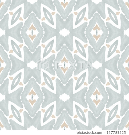 Soft Sage and Beige Watercolor Ikat Seamless Pattern with Symmetrical Ornamental Motifs Soft Sage and Beige Watercolor Ikat Seamless Pattern with Symmetrical Ornamental Motifs 137785225