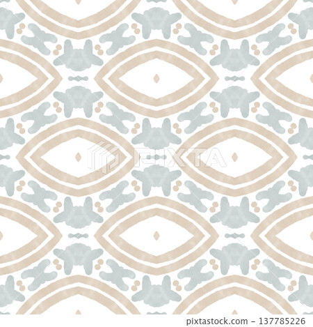 Soft Sage and Beige Watercolor Ikat Seamless Pattern with Symmetrical Ornamental Motifs 137785226