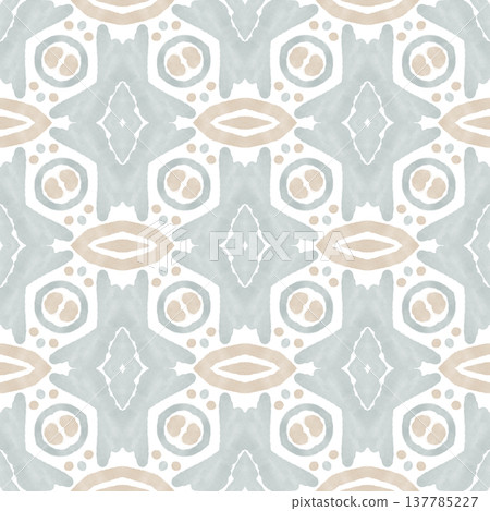 Soft Sage and Beige Watercolor Ikat Seamless Pattern with Symmetrical Ornamental Motifs Soft Sage and Beige Watercolor Ikat Seamless Pattern with Symmetrical Ornamental Motifs 137785227