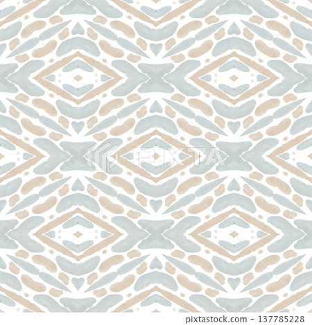 Soft Sage and Beige Watercolor Ikat Seamless Pattern with Symmetrical Ornamental Motifs 137785228