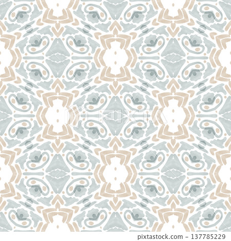 Soft Sage and Beige Watercolor Ikat Seamless Pattern with Symmetrical Ornamental Motifs Soft Sage and Beige Watercolor Ikat Seamless Pattern with Symmetrical Ornamental Motifs 137785229