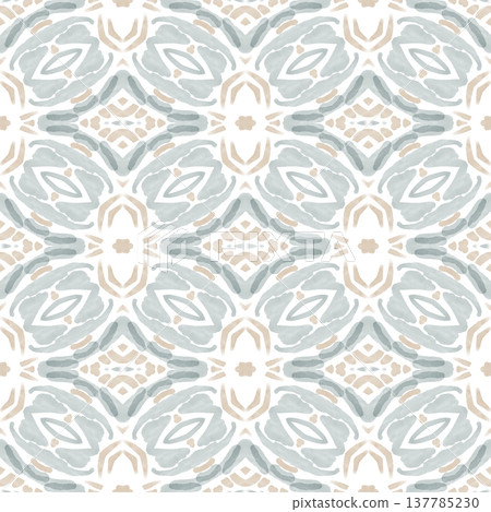 Soft Sage and Beige Watercolor Ikat Seamless Pattern with Symmetrical Ornamental Motifs 137785230