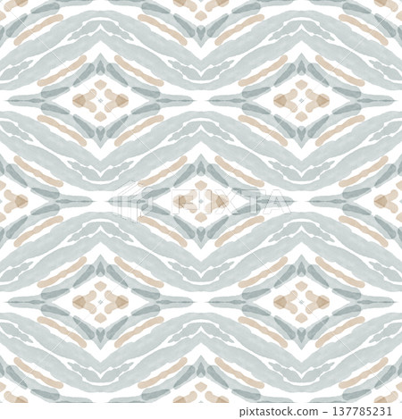 Soft Sage and Beige Watercolor Ikat Seamless Pattern with Symmetrical Ornamental Motifs Soft Sage and Beige Watercolor Ikat Seamless Pattern with Symmetrical Ornamental Motifs 137785231