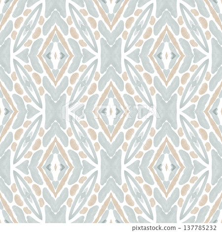 Soft Sage and Beige Watercolor Ikat Seamless Pattern with Symmetrical Ornamental Motifs Soft Sage and Beige Watercolor Ikat Seamless Pattern with Symmetrical Ornamental Motifs 137785232