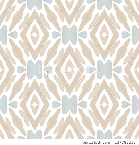 Soft Sage and Beige Watercolor Ikat Seamless Pattern with Symmetrical Ornamental Motifs Soft Sage and Beige Watercolor Ikat Seamless Pattern with Symmetrical Ornamental Motifs 137785233