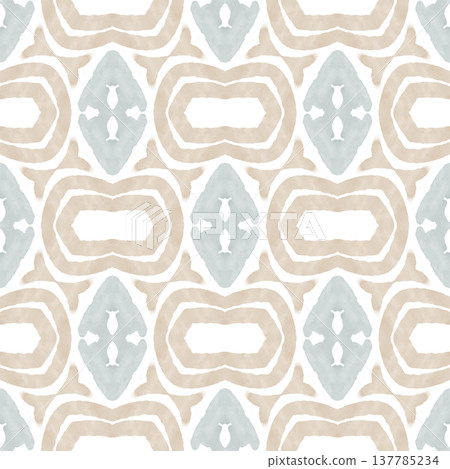 Soft Sage and Beige Watercolor Ikat Seamless Pattern with Symmetrical Ornamental Motifs Soft Sage and Beige Watercolor Ikat Seamless Pattern with Symmetrical Ornamental Motifs 137785234