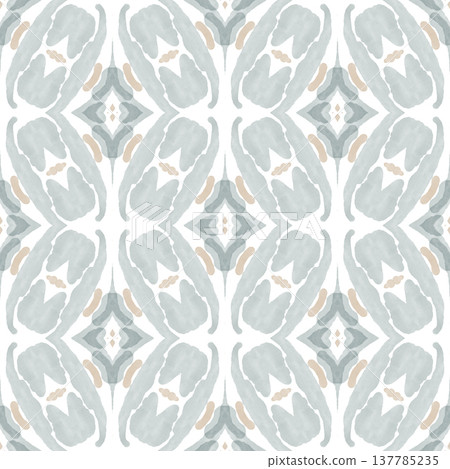 Soft Sage and Beige Watercolor Ikat Seamless Pattern with Symmetrical Ornamental Motifs 137785235